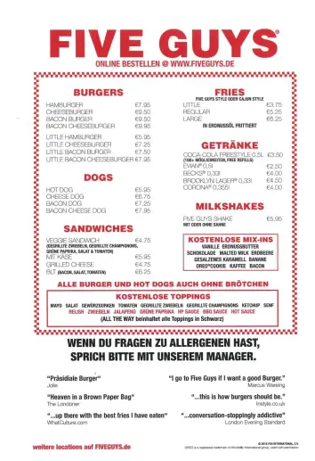 FIVE GUYS BEEF DOGS SPEISEKARTE PREISE