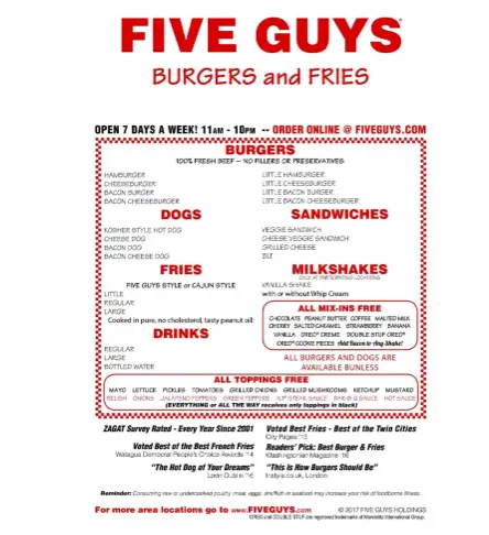 FIVE GUYS MENu