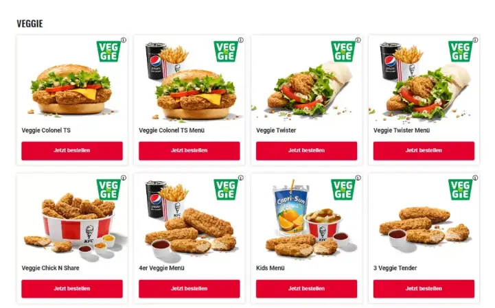 KFC VEGGIE SPEISEKARTE