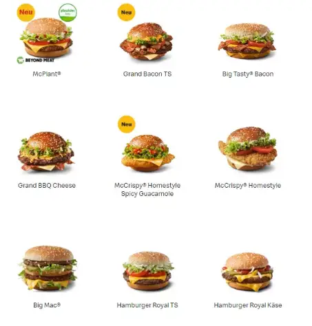 MCDONALDS BURGER KARTE