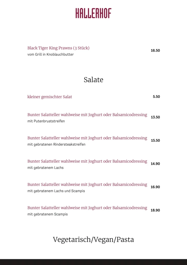 Hallerhof Salate Speisekarte Preise