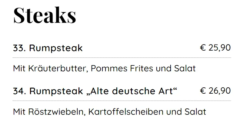 Mauritius Steaks Speisekarte Preise 